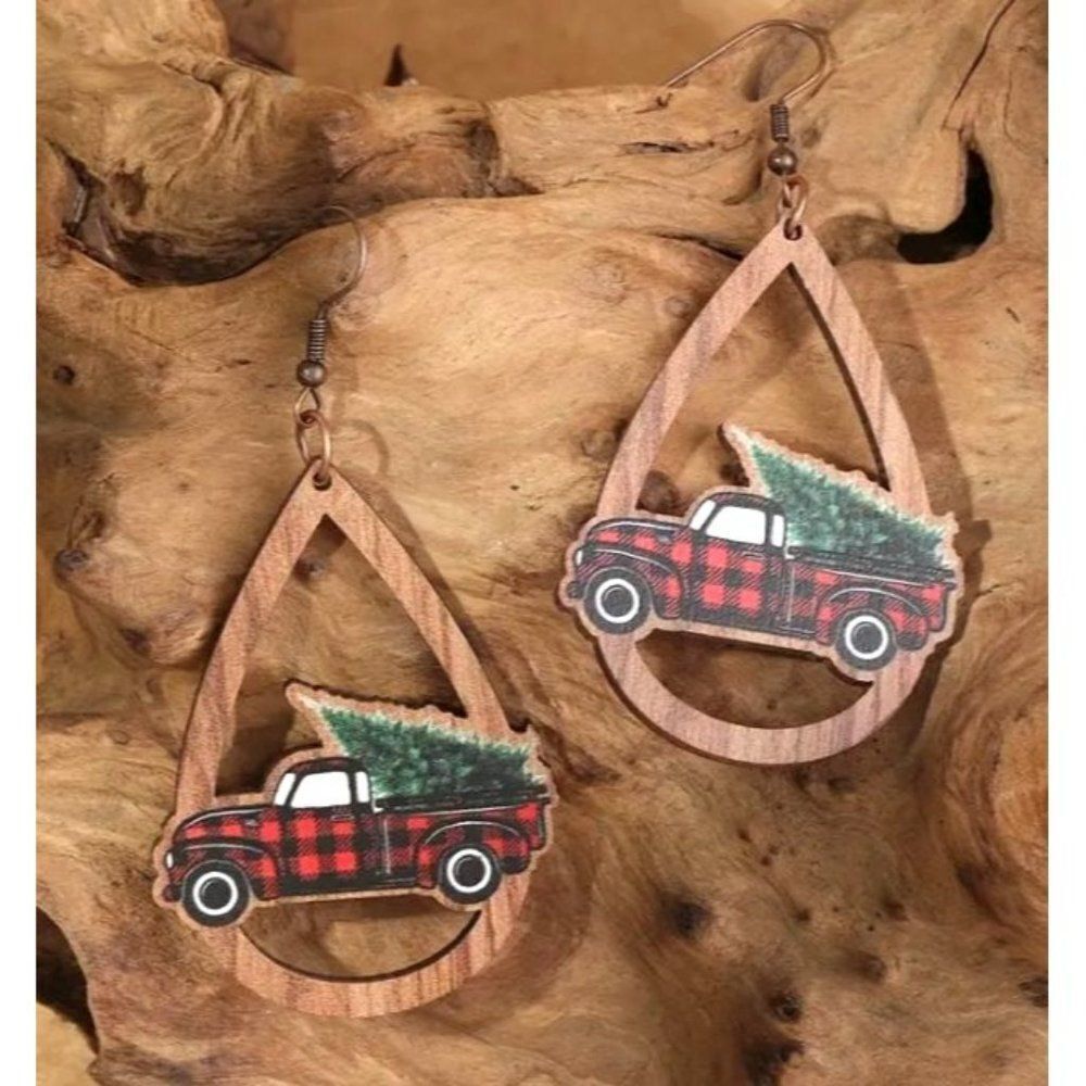 Christmas Truck Red Brown Earrings New